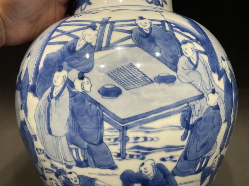 清康熙 青花十八学士图将军罐 - 图6