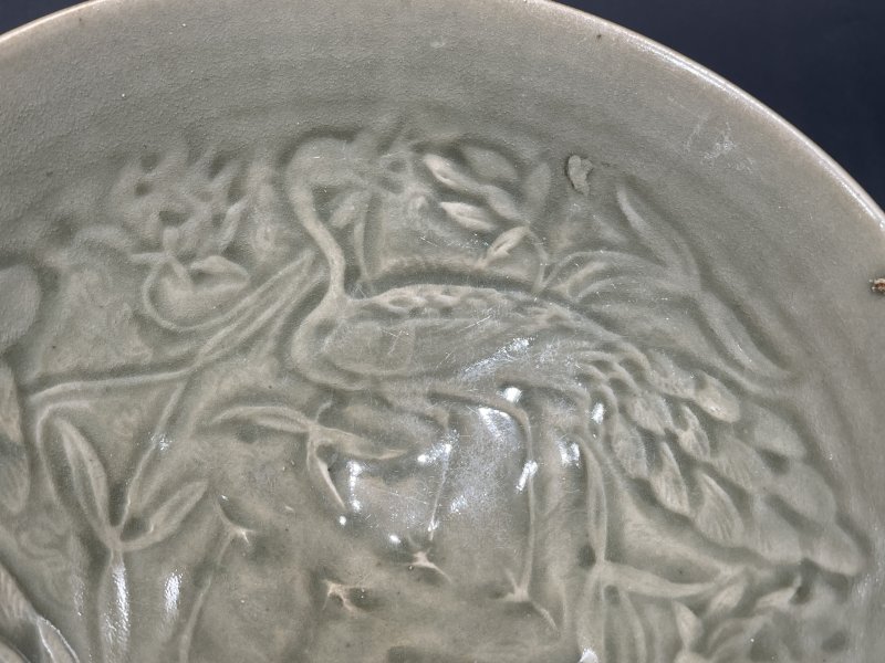 明 耀州窑模印孔雀纹大斗笠碗 - 图5