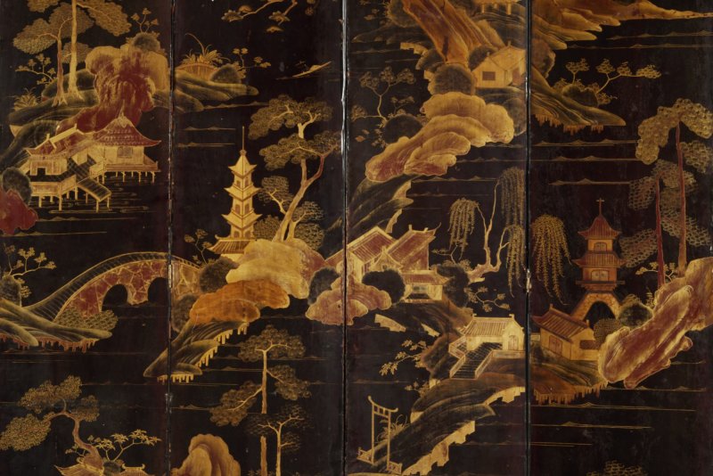 清十八 / 十九世紀 黑漆描金西湖景圖六扇屏風 - 图4