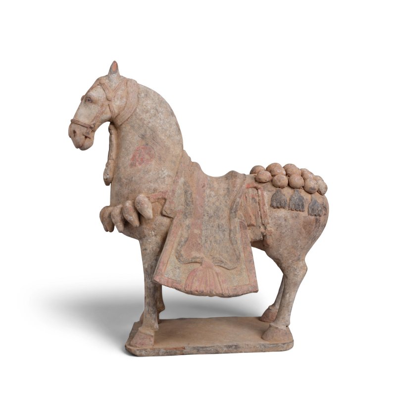北齊 加彩灰陶馬 | A PAINTED POTTERY FIGURE OF A CAPARISONED HORSE