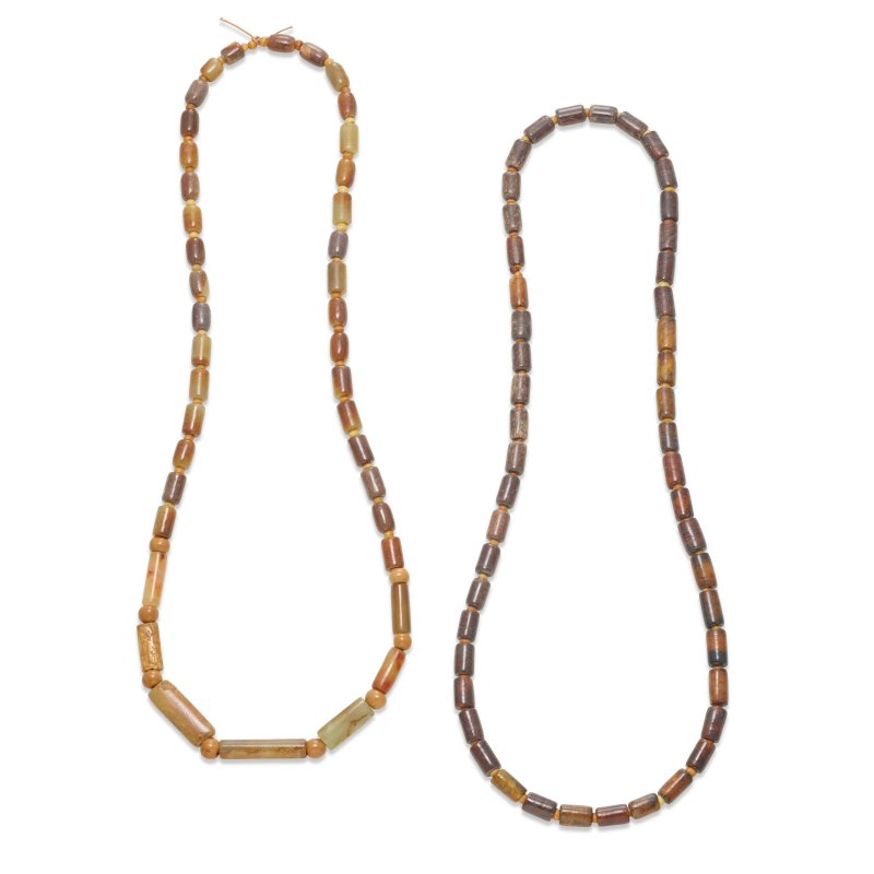 晚清 或含更早管珠 仿古玉石及硬石管珠兩串 | TWO ASSEMBLED STRANDS OF JADE AND HARDSTONE BEADS