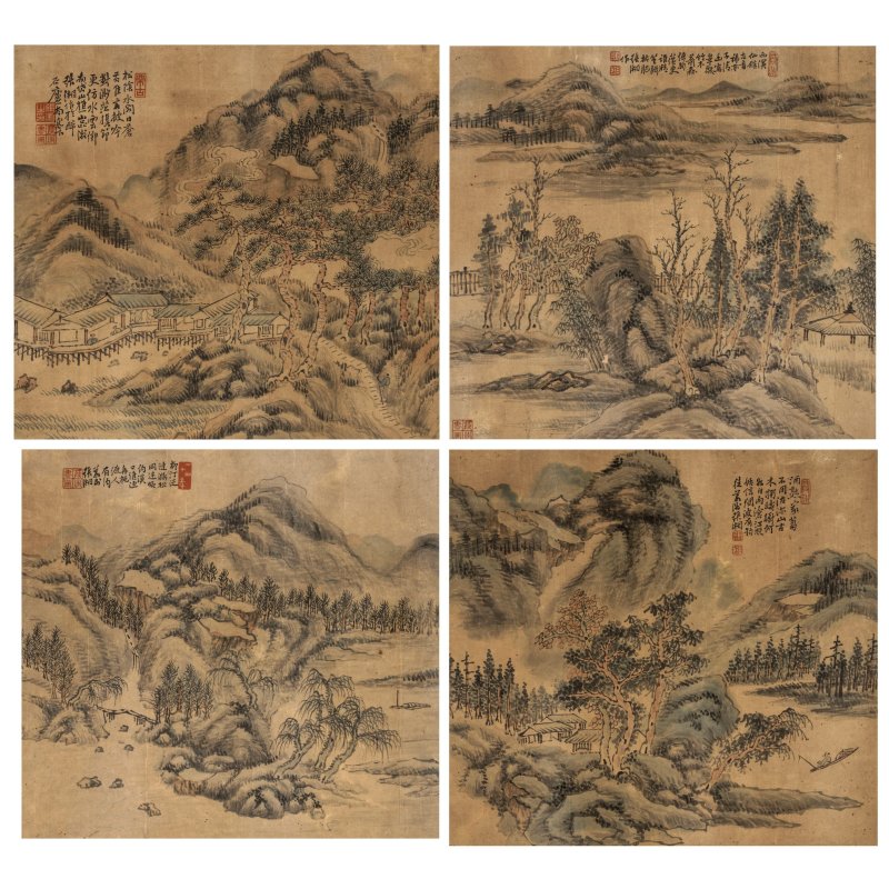 張湘（生卒年不詳）　山水　淺絳設色紙本　冊頁鏡框四幅　清末 | ZHANG XIANG (LATE QING)