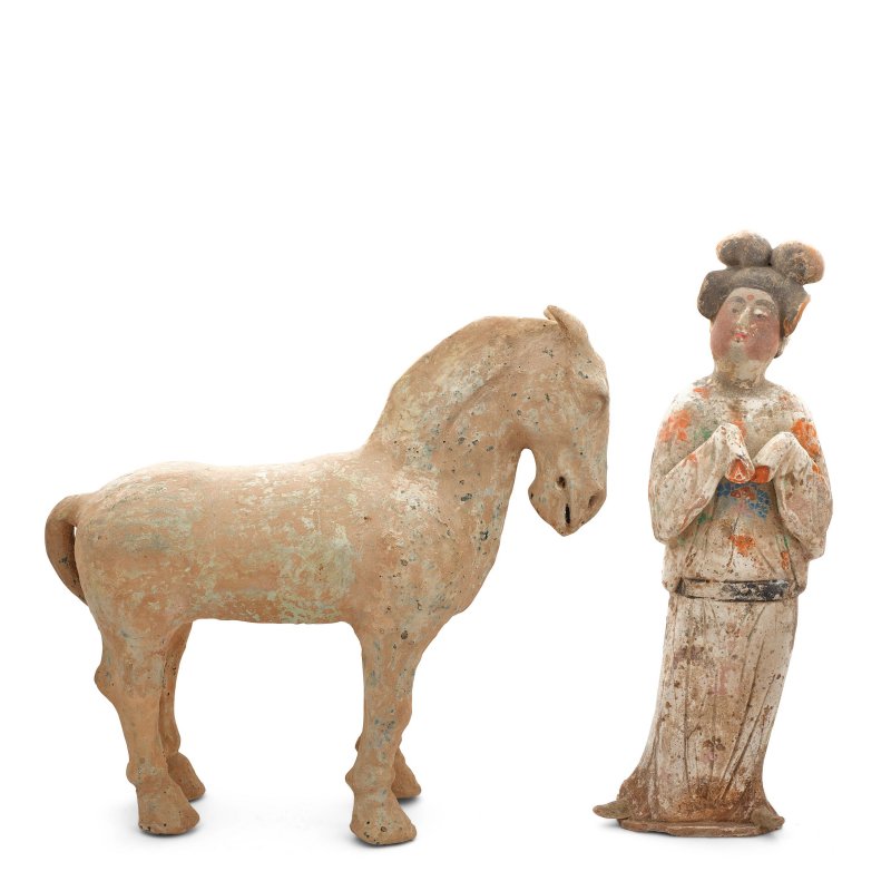 漢 綠釉陶馬 | A GREEN-GLAZED POTTERY HORSE AND A PAINTED POTTERY LADY