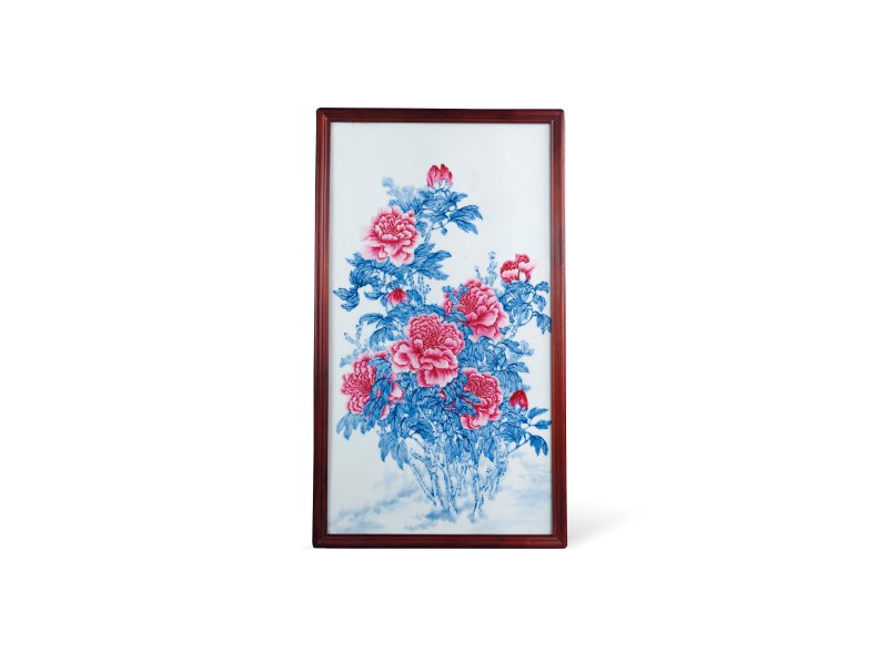 五十年代 青花胭脂红彩花开富贵图瓷板