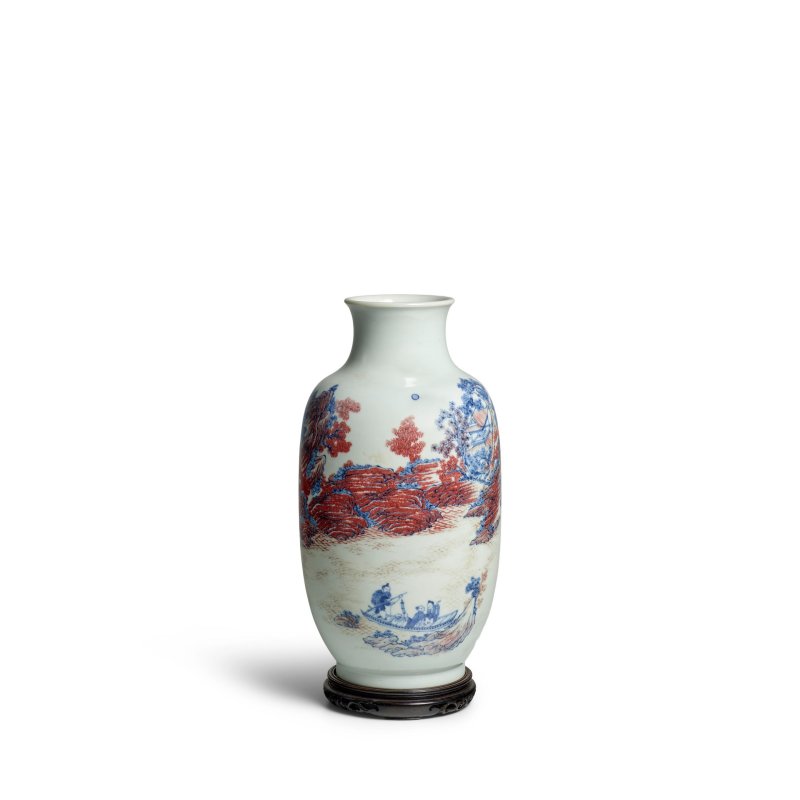 十九世紀 青花釉裏紅山水漁樂圖罐 | AN UNDERGLAZE COPPER-RED AND BLUE 'FISHERMAN' VASE