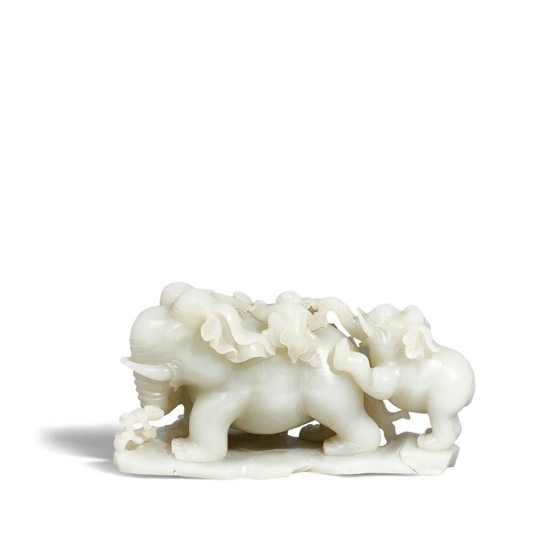 清 白玉雕童子洗象擺件 | A WHITE JADE CARVED 'ELEPHANT AND BOYS' GROUP