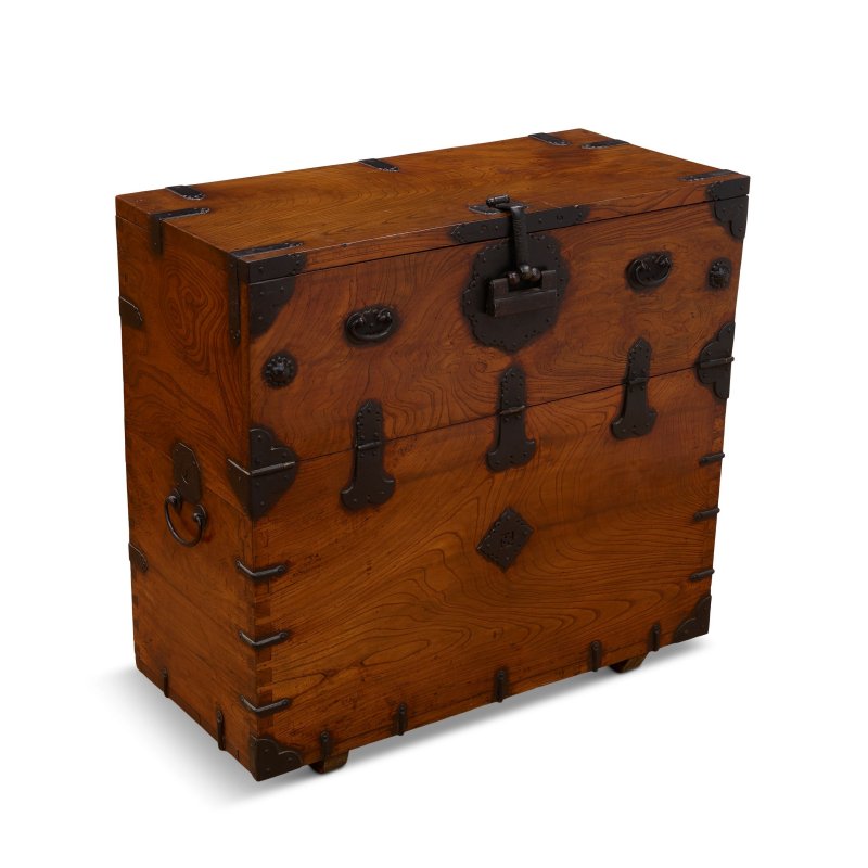 A KOREAN WROUGHT-IRON MOUNTED DROP-FRONT HARDWOOD CHEST