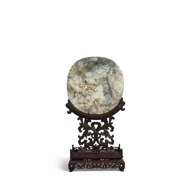 清 灰青玉雕山水圖桌屏 帶木座 | A MOTTLED JADE 'LANDSCAPE' TABLE SCREEN