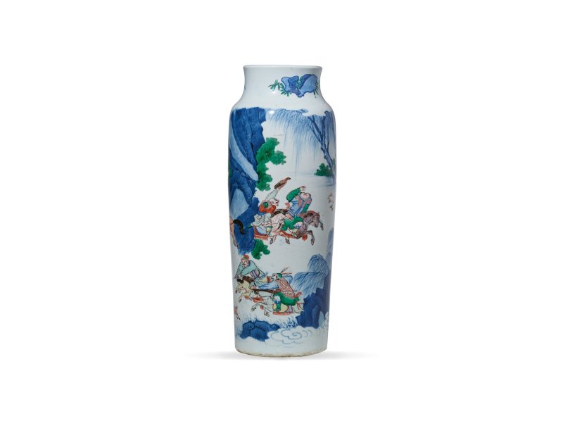 明崇祯 青花五彩狩猎图筒瓶