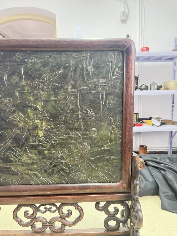 和田玉薄意浅浮雕兰石、山水纹插屏 - 图7