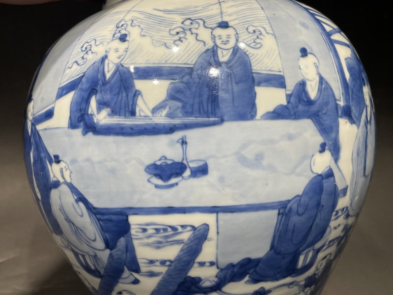 清康熙 青花十八学士图将军罐 - 图7