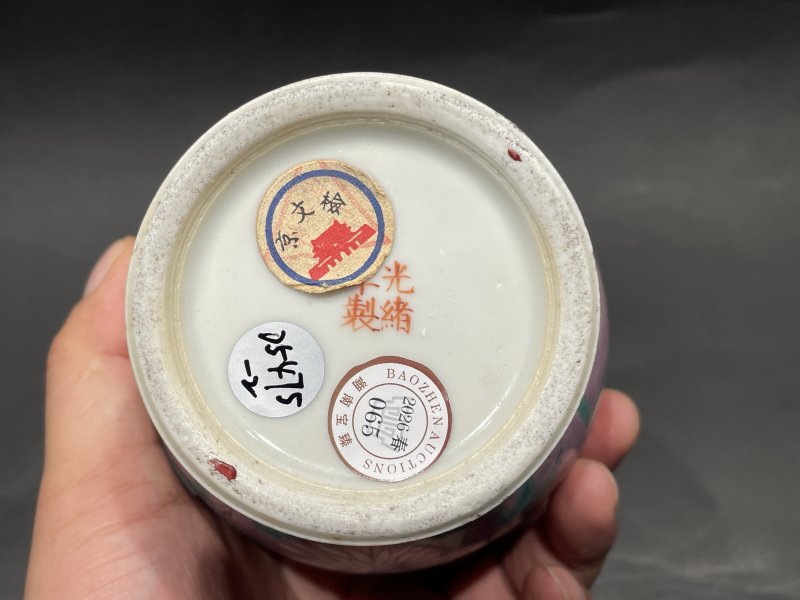 清光绪 宫粉地粉彩花鸟纹象耳尊一对 - 图10