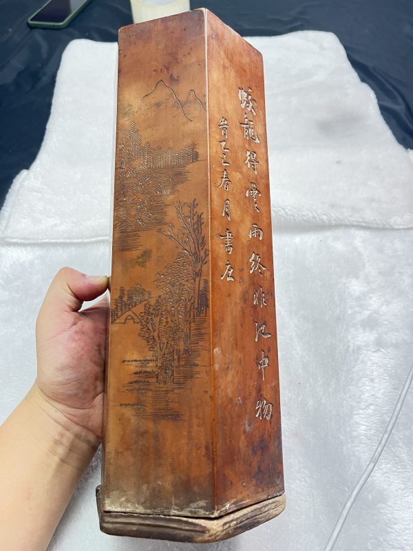 竹黄博古诗文六方帽筒 - 图3