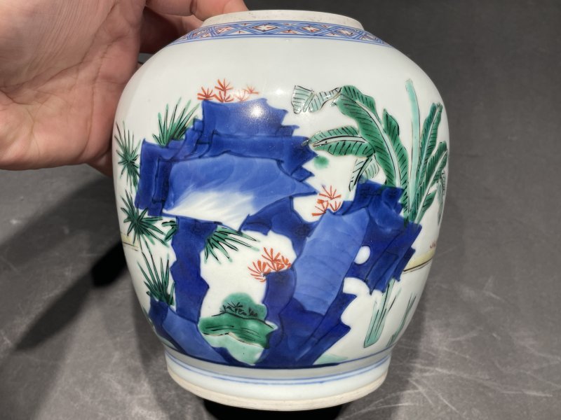清康熙 青花五彩老子西出函谷关诗文罐 - 图5
