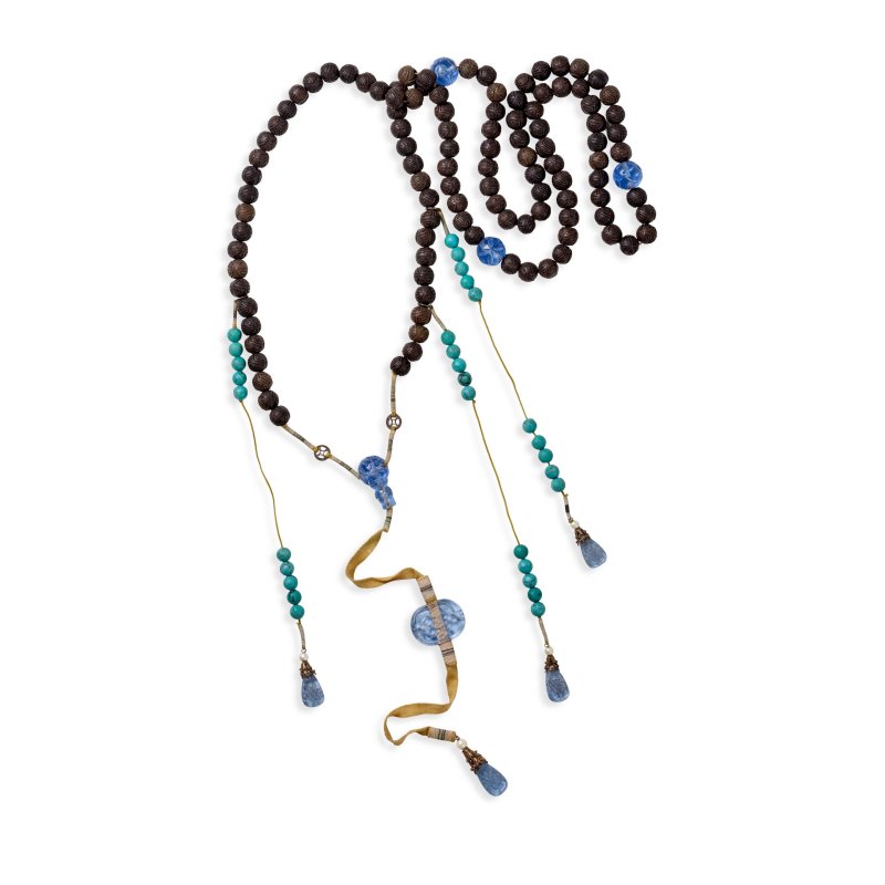 晚清 一百單八木籽朝珠 藍琉璃佛墜背雲 綠松石記捻 | A WOOD, BLUE GLASS, AND TURQUOISE COURT NECKLACE, CHAOZHU - 图3