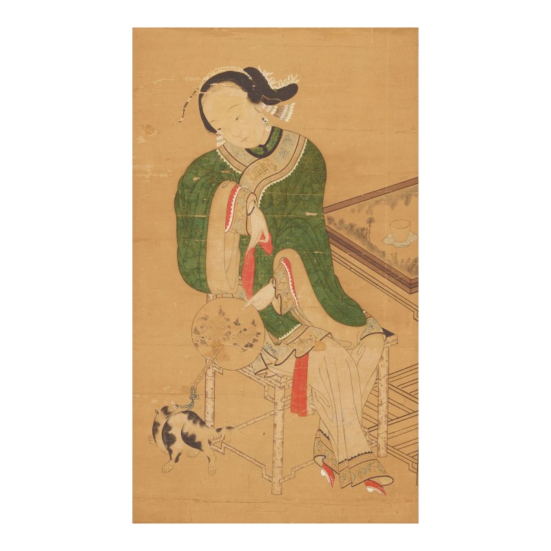 佚名（十九至二十世紀）仕女與貓 設色絹本 畫框 | ANONYMOUS (19TH/20TH CENTURY)