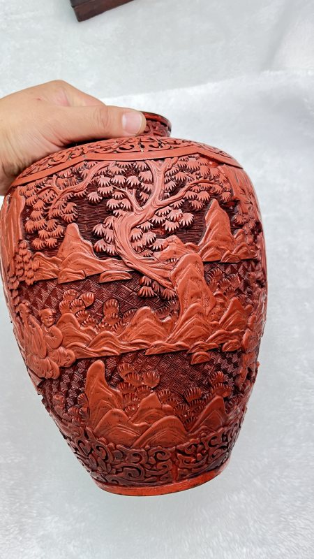 剔红山水人物纹盖罐 - 图4
