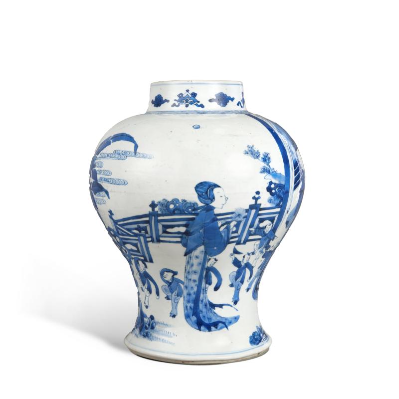 清康熙 青花四妃十六子圖罐 - 图3