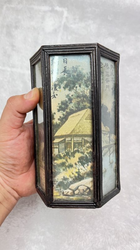 木胎玻璃画山水诗文六方笔筒 - 图5