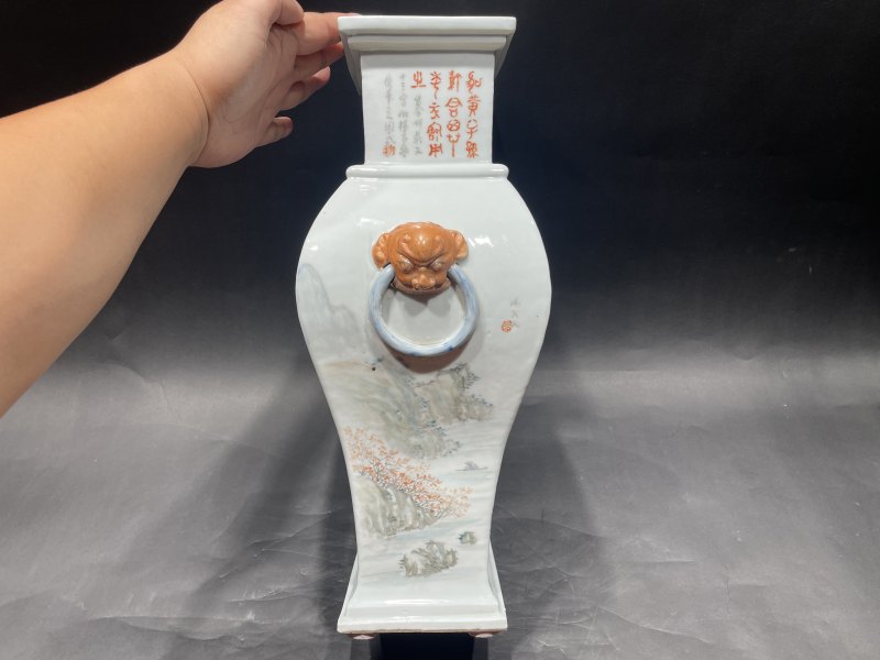 清光绪 罗阳谷款浅绛山水人物纹四方尊 - 图3