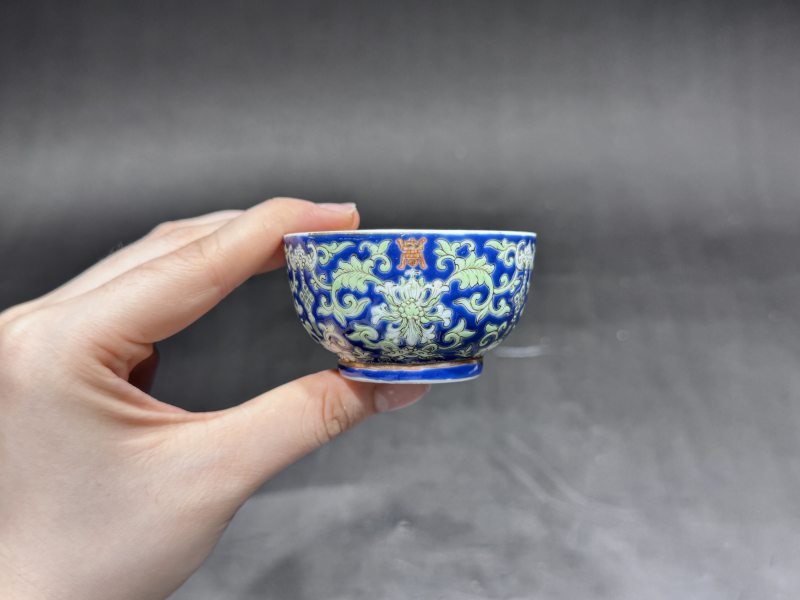 清道光 料彩宝相花福寿纹茶杯一对 - 图4