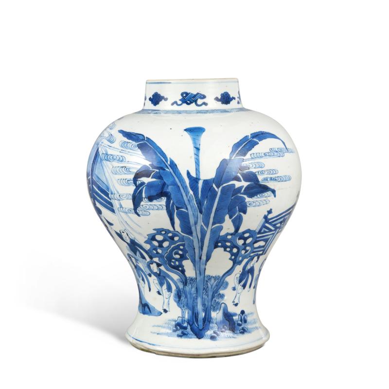 清康熙 青花四妃十六子圖罐 - 图4