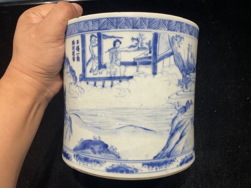 清康熙 青花昭君出塞图笔筒 - 图4
