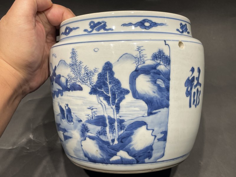 清康熙 青花山水人物故事图粥罐 - 图3