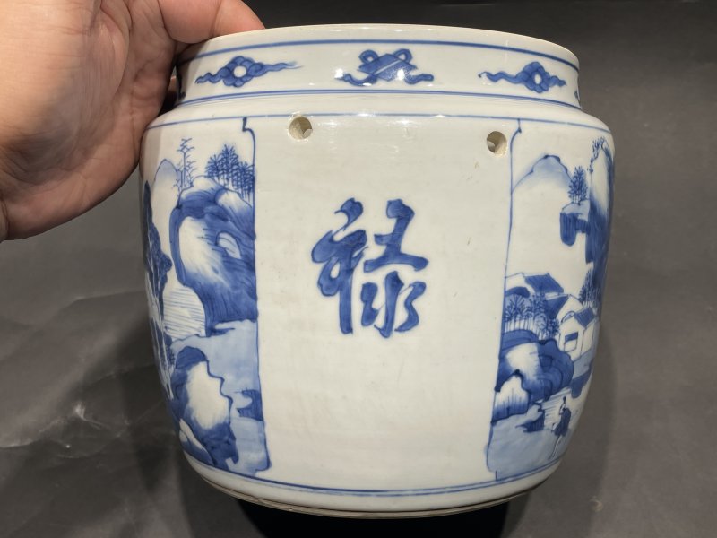 清康熙 青花山水人物故事图粥罐 - 图4