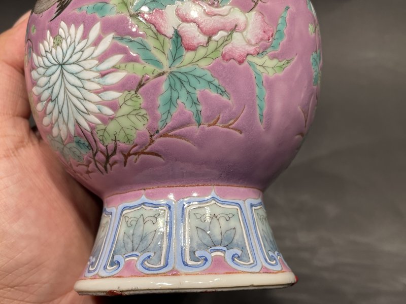 清光绪 宫粉地粉彩花鸟纹象耳尊一对 - 图17