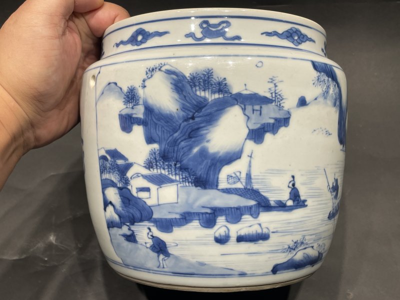 清康熙 青花山水人物故事图粥罐 - 图5