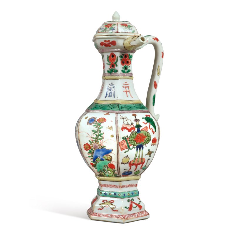 清康熙 五彩開光花鳥博古圖執壺 - 图3