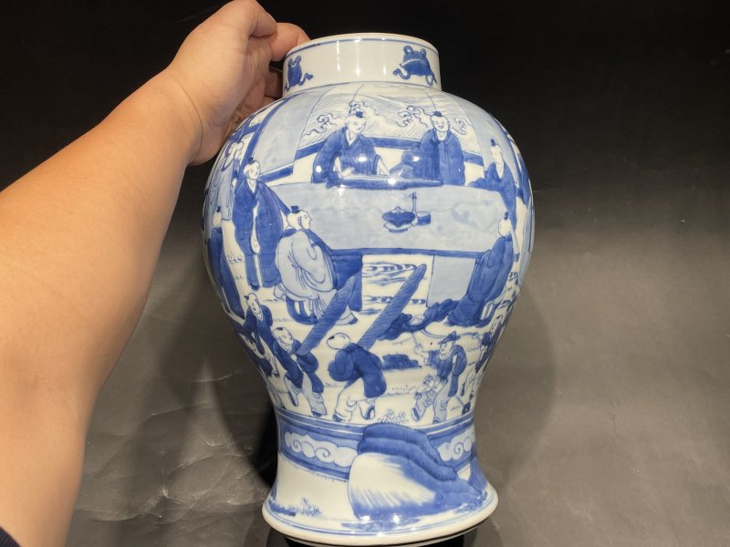 清康熙 青花十八学士图将军罐 - 图3