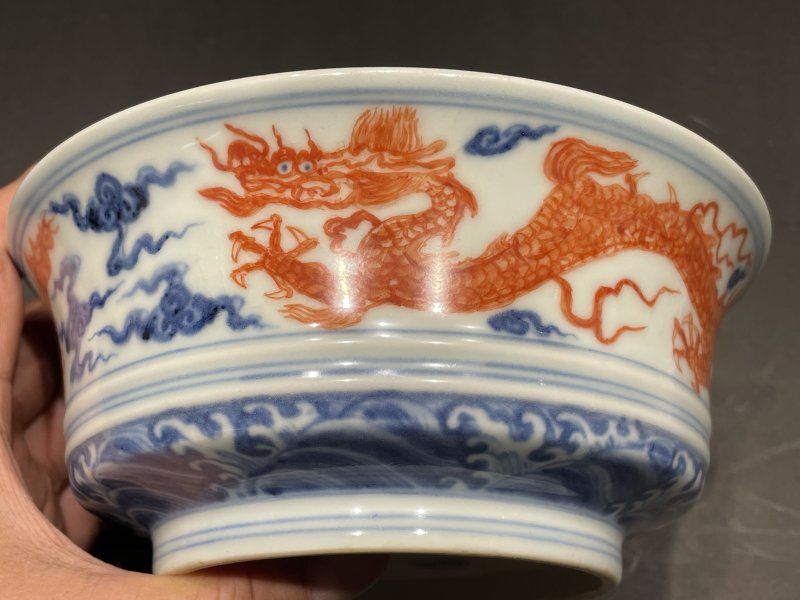 明宣德 青花矾红龙纹盖碗 - 图10