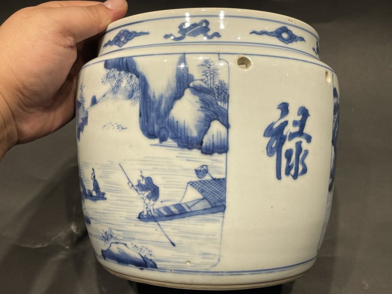 清康熙 青花山水人物故事图粥罐 - 图6