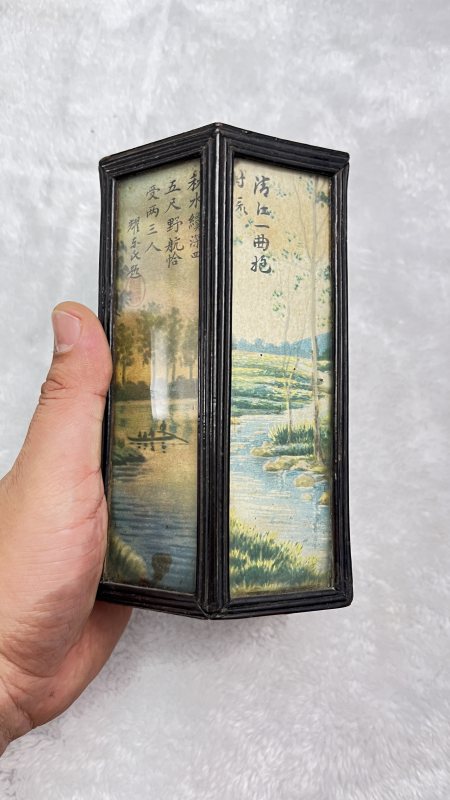 木胎玻璃画山水诗文六方笔筒 - 图2