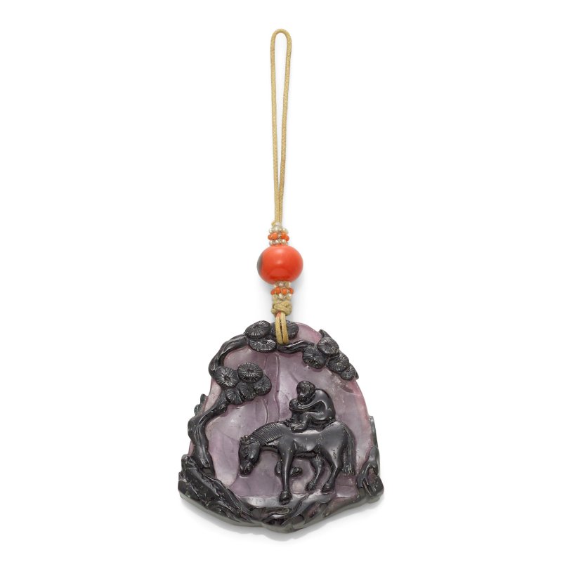 清 雙色碧璽雕馬上封侯珮 | A CARVED BICOLOR TOURMALINE 'HORSE AND MONKEY' PLAQUE