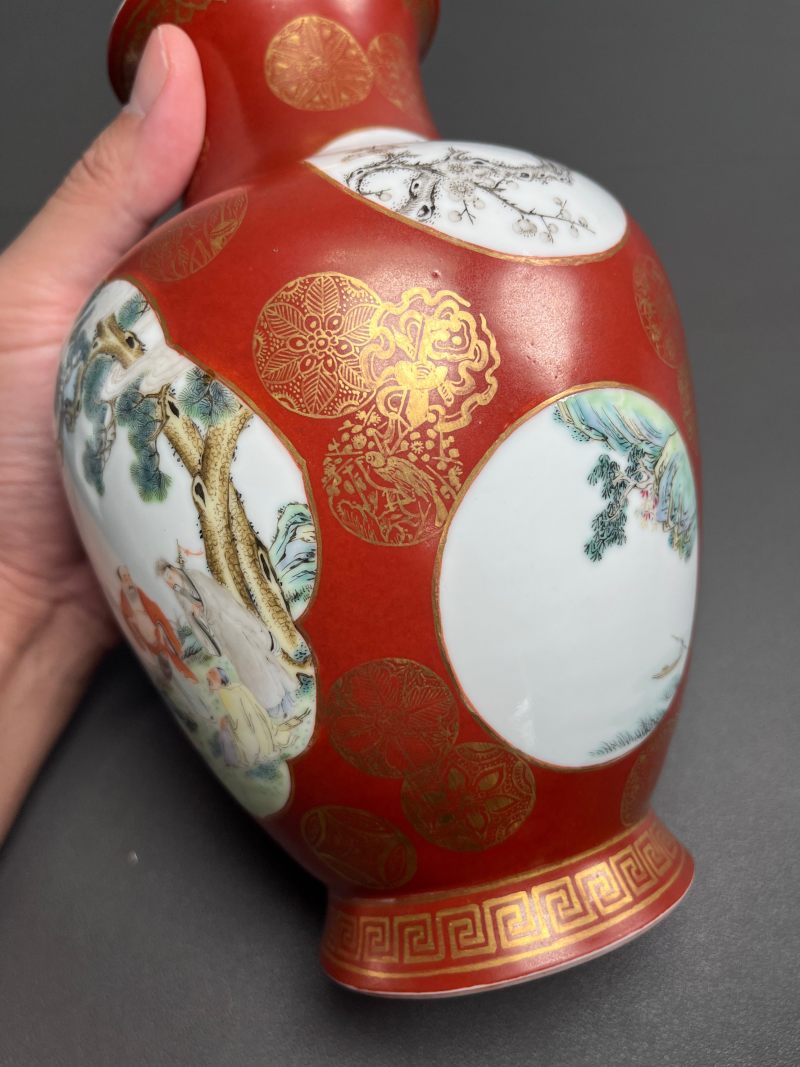 民国  珊瑚红地描金皮球花开光粉彩八仙图大口尊 - 图10