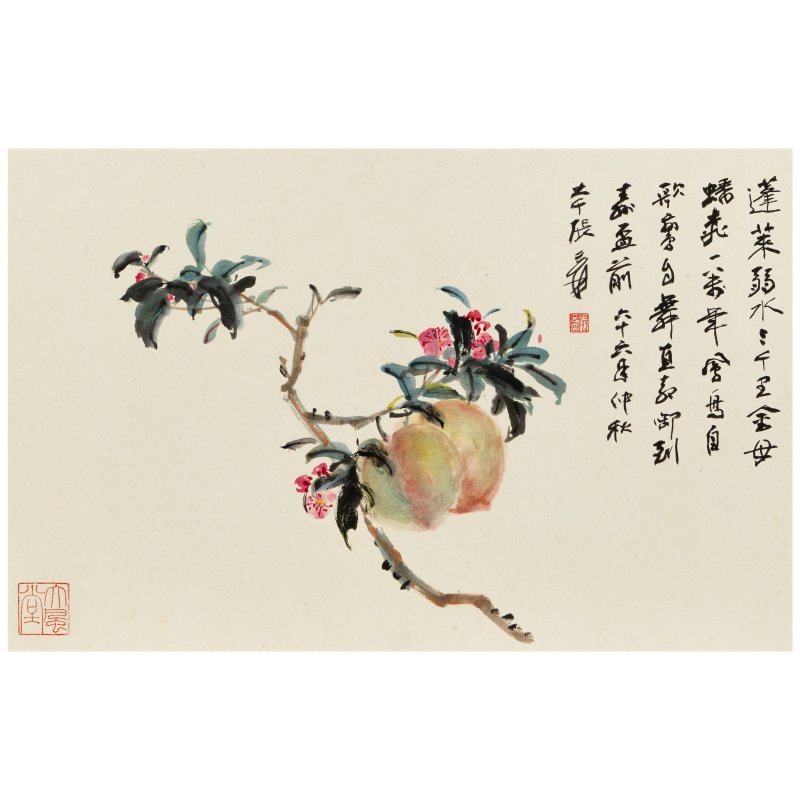張大千（1899-1983）蟠桃獻壽 設色紙本 鏡框 一九七七年作 | ZHANG DAQIAN (1899-1983)