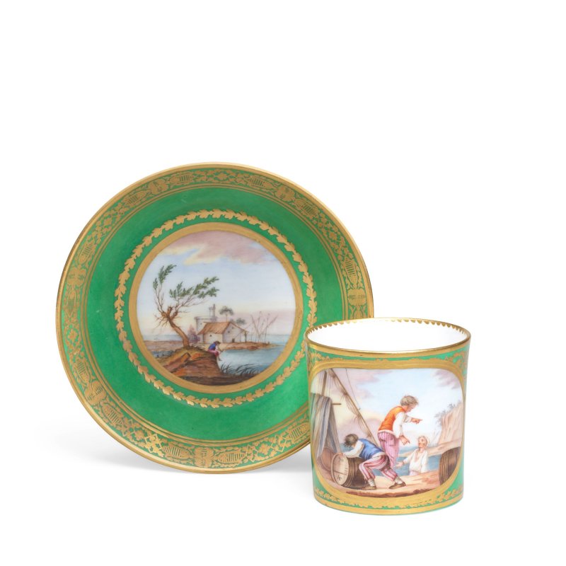 A large Sèvres green-ground cup and saucer (gobelet litron et soucoupe), dated 1781