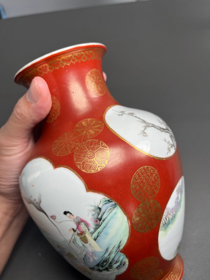 民国  珊瑚红地描金皮球花开光粉彩八仙图大口尊 - 图14