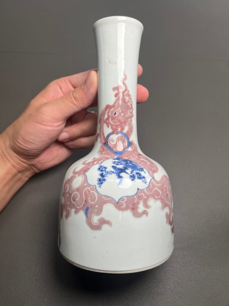 清康熙  青花釉里红夔凤开光花鸟纹双陆尊（附木盒） - 图8