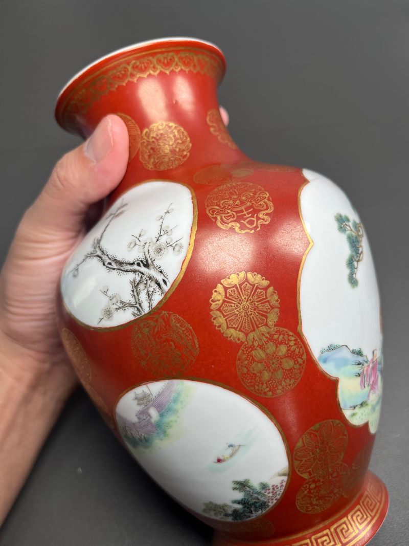 民国  珊瑚红地描金皮球花开光粉彩八仙图大口尊 - 图16