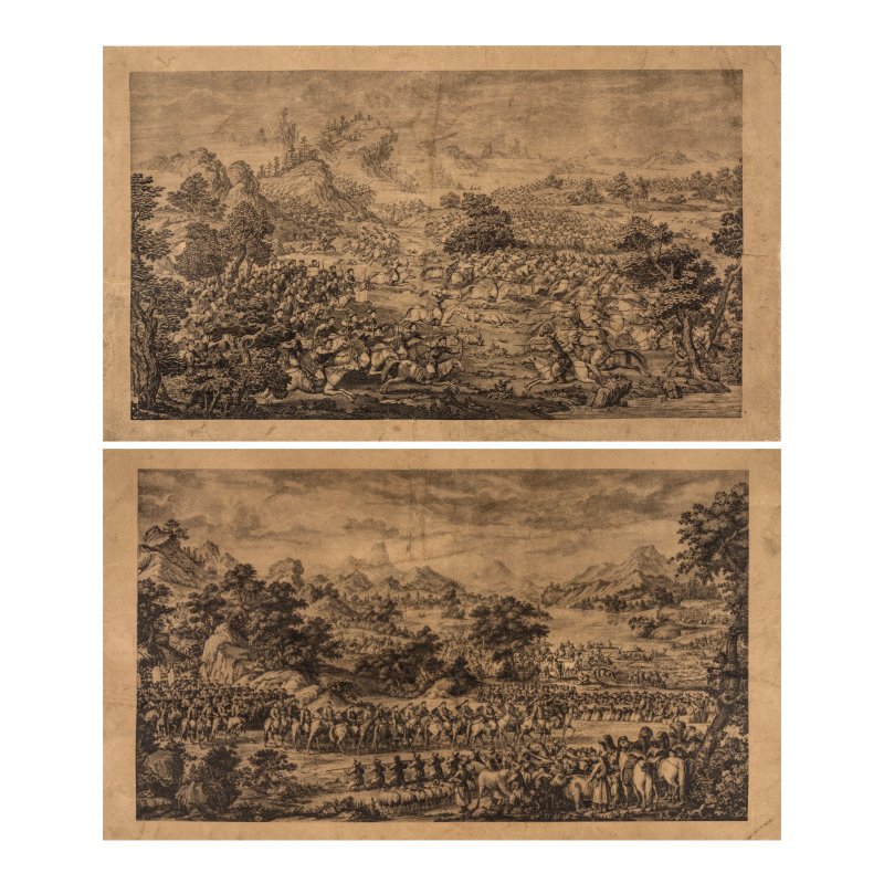 佚名　郎世寧乾隆平定西域得勝圖　復印版畫兩幀　鏡框一幅　二十世紀初 | AFTER GIUSEPPE CASTIGLIONE (LANG SHINING)