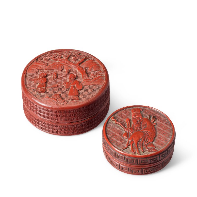 十七至十九世紀 剔紅人物故事圖蓋盒兩件 | TWO CINNABAR LACQUER CIRCULAR BOXES AND COVERS