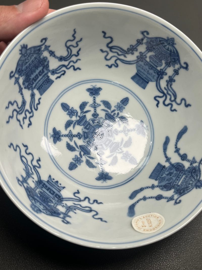 清道光  内青花外胭脂红地轧道洋彩开光“五谷丰登”图上元节令膳碗 - 图17