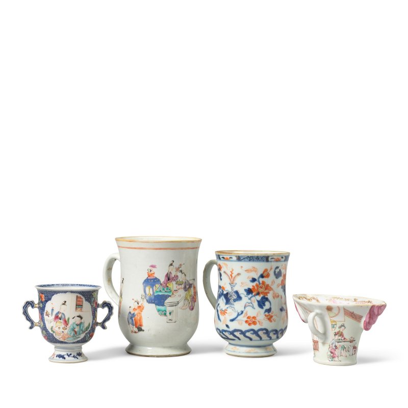清乾隆 伊萬里啤酒盃、粉彩人物故事圖盃兩件及雙耳盃一件 | A CHINESE IMARI TANKARD, A FAMILLE ROSE LIBATION CUP, A FAMILLE ROSE TANKARD AND A DOUBLE HANDLED CUP
