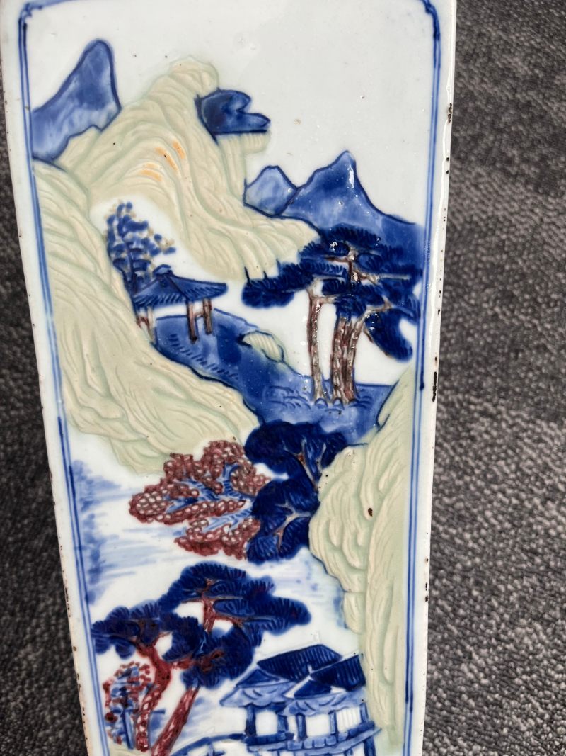 清康熙  釉下三彩山水人物亭台楼阁图四方瓶（税） - 图9