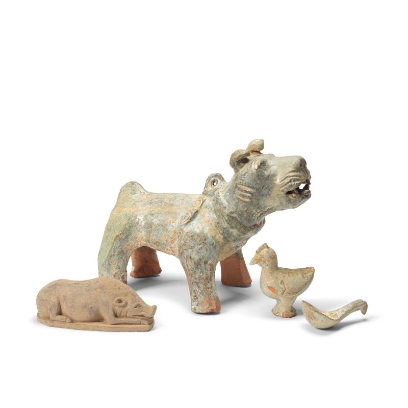 漢 陶動物俑三件及勺 | THREE POTTERY MODELS OF ANIMALS AND A LADLE