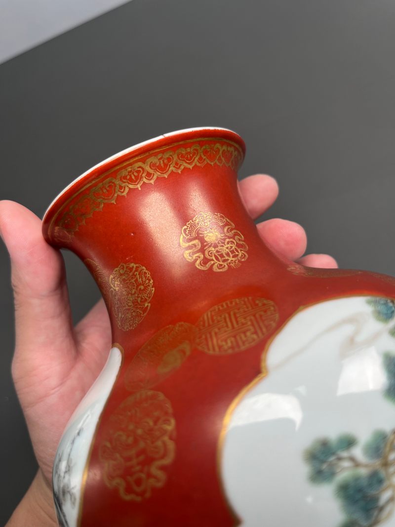 民国  珊瑚红地描金皮球花开光粉彩八仙图大口尊 - 图18